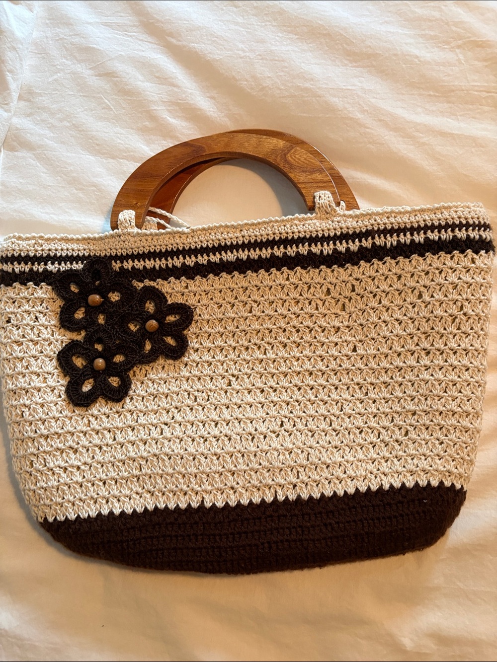 Handwoven Cream and Brown Tote Bag with Wooden Handles and drawstring